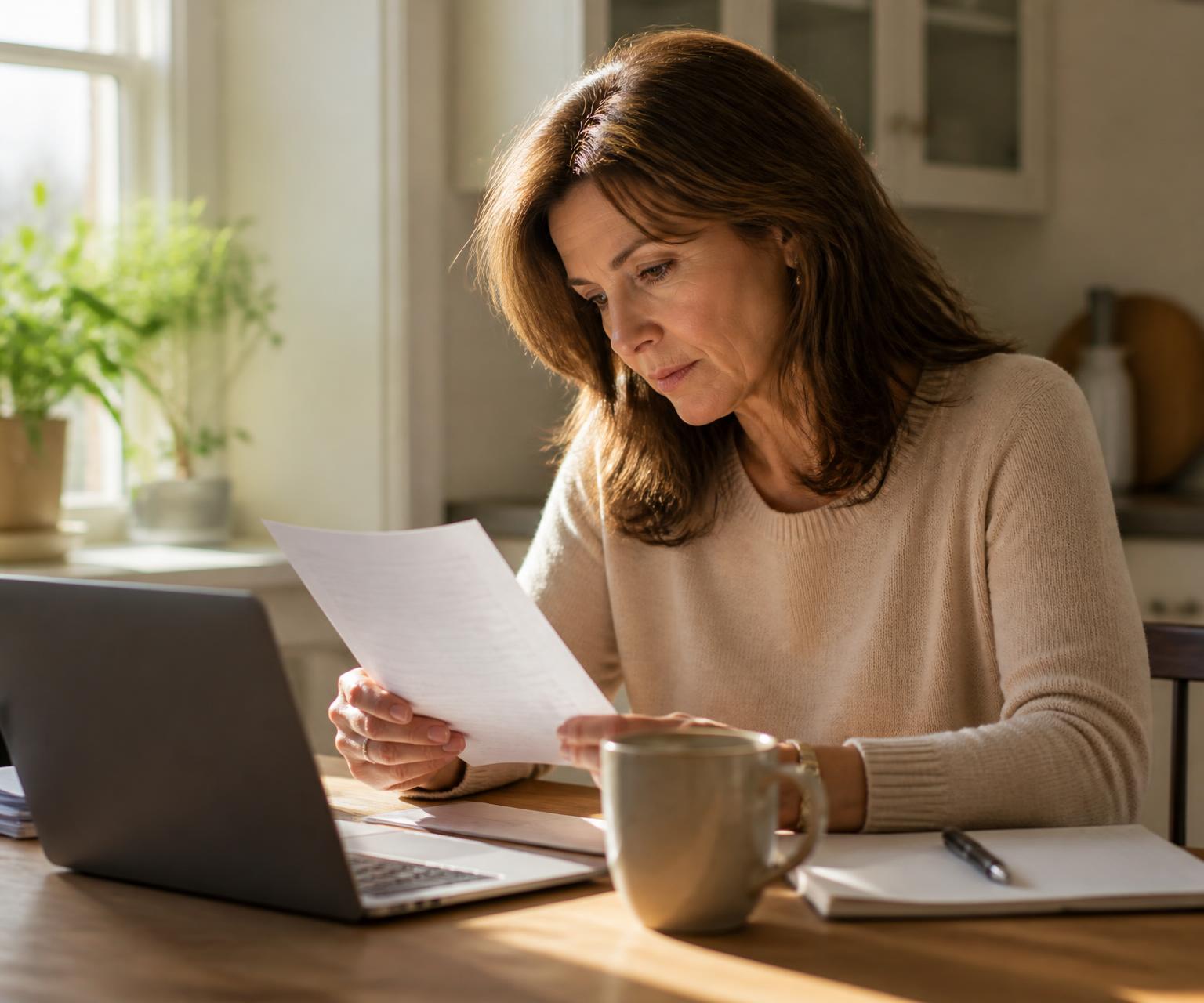 A woman reading a document at her kitchen table in warm morning light, laptop and coffee beside her.